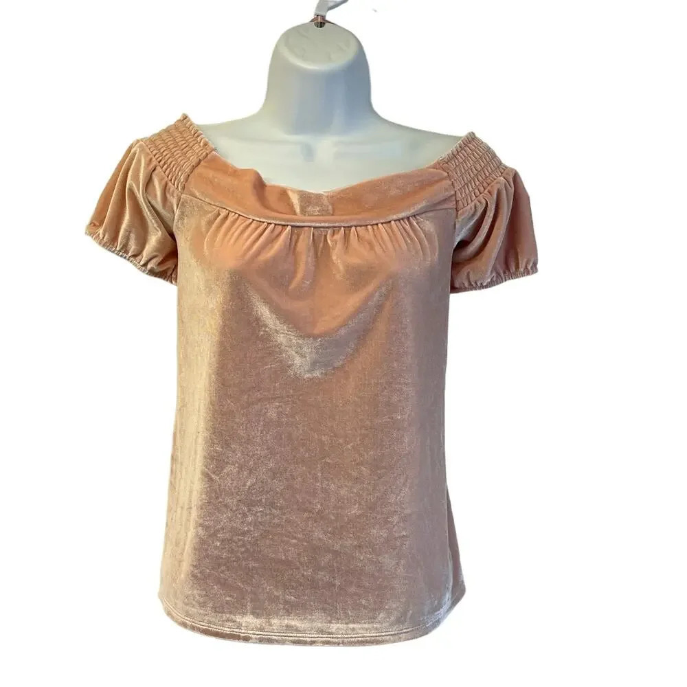 Hinge Womens S Pink Velvet Soft FairyCore Boat Neck Short Sleeves